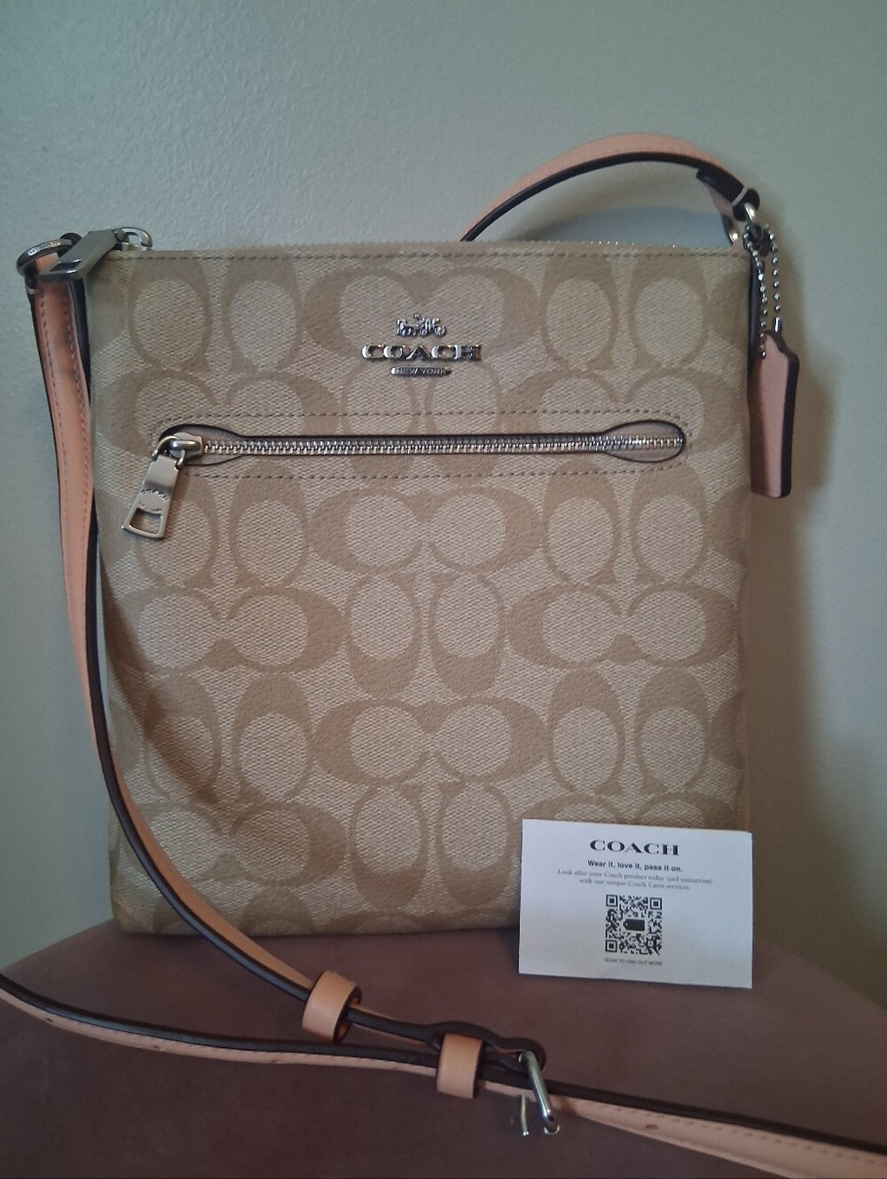 Coach Khaki/Faded Blush Mini Rowan Signature Canvas & Leather File Bag- CS182 - Picture 15 of 16